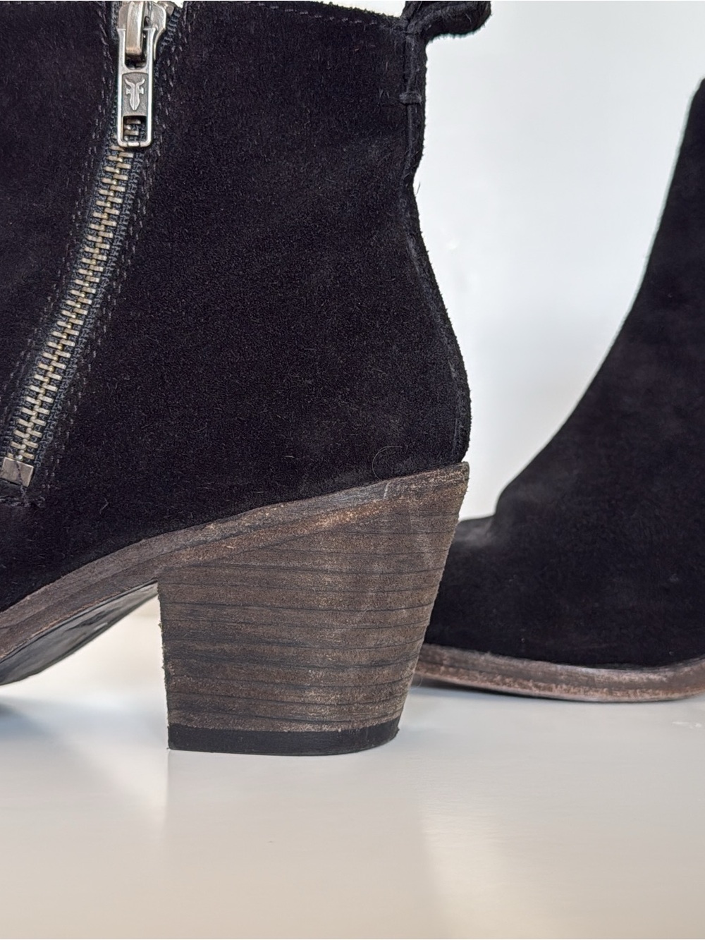Frye Black Suede Side-Zip Ankle Bootie with Stacked Heel